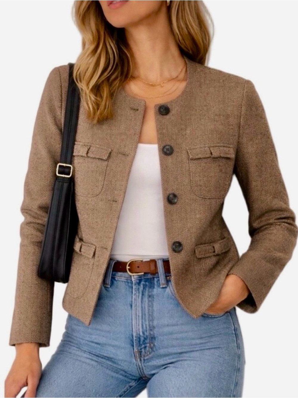 CAbi Brown Tweed Round-Neck Button Jacket